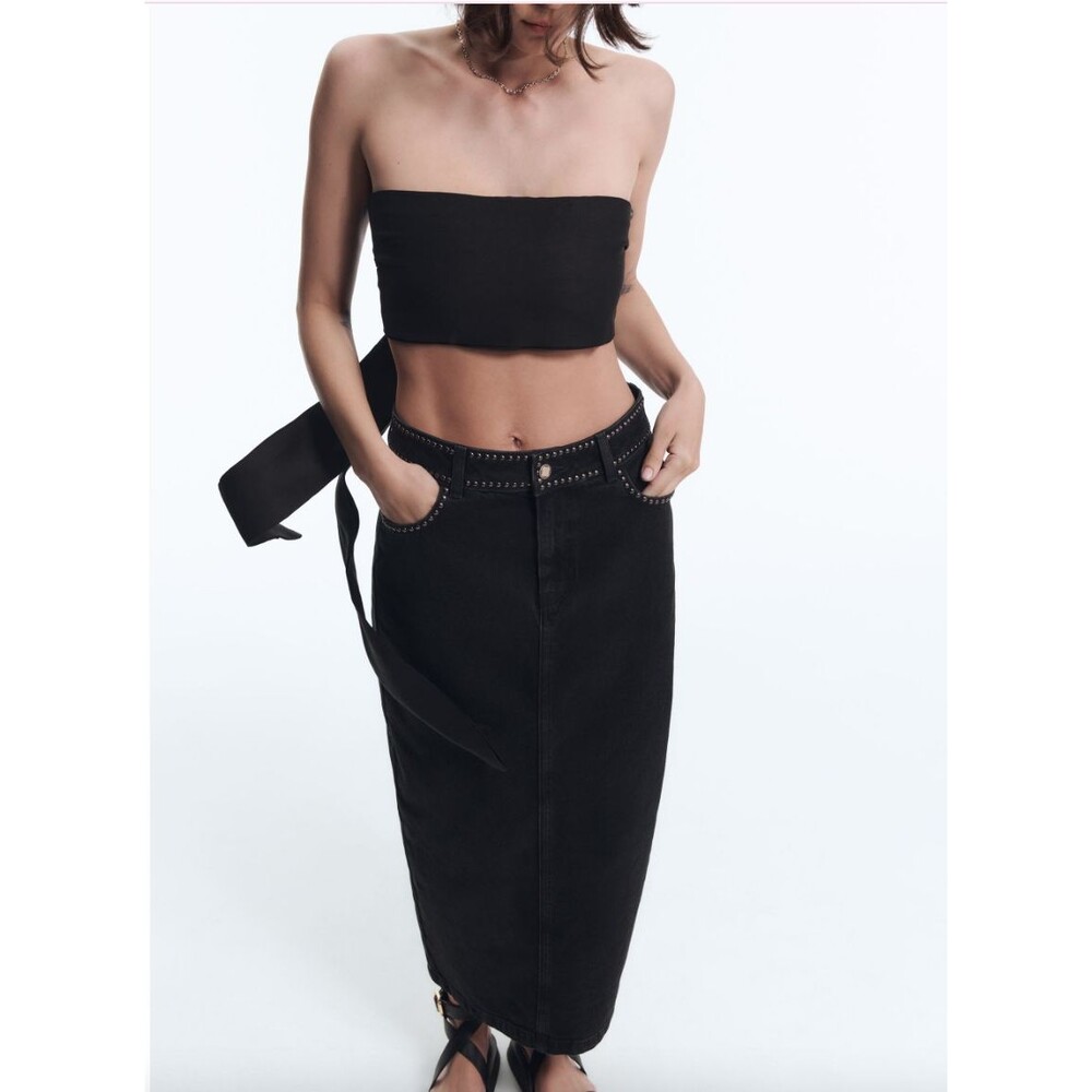 ZARA Skirt Women Small Black STUDDED DENIM Midi Back Slip Western SKIRT NWT